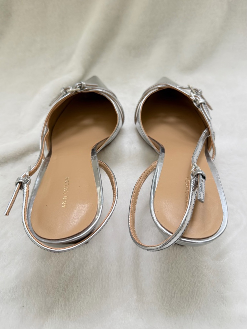 Ann Taylor Strappy Pointy Toe Leather Silver Metallic Kitten Heel Pump Sz 10 NEW - Picture 5 of 11